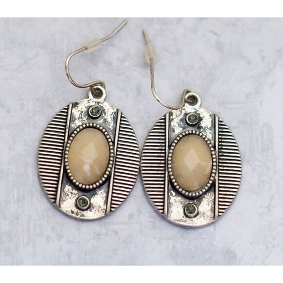 Vintage Dangle Oval Silver Egyptian Geometric Crystal Earrings - CT1 - Picture 1 of 2